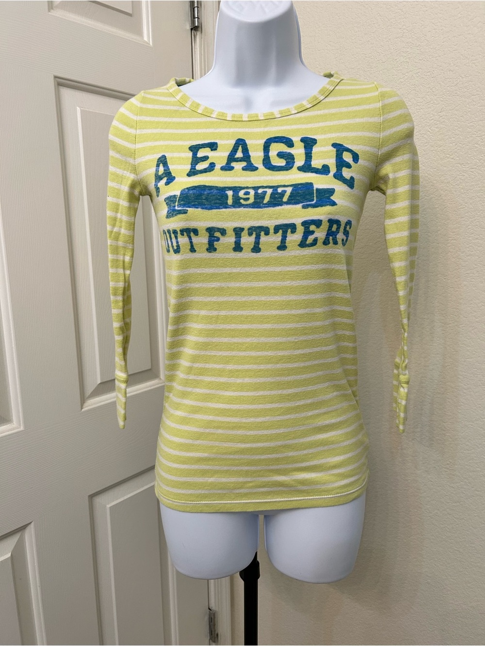 Vintage Y2K American Eagle Outfitters Striped Scoop Neck Logo Top in Chartreuse